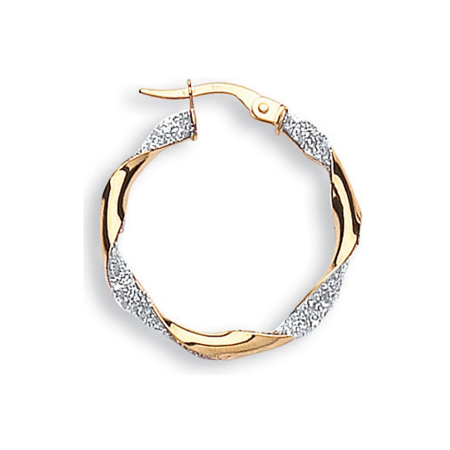 Yellow & White Gold Glitter Finish Twisted 25mm Hoop Earrings - Fine Ring - Certified Authent – Luxury Jewellery by Im